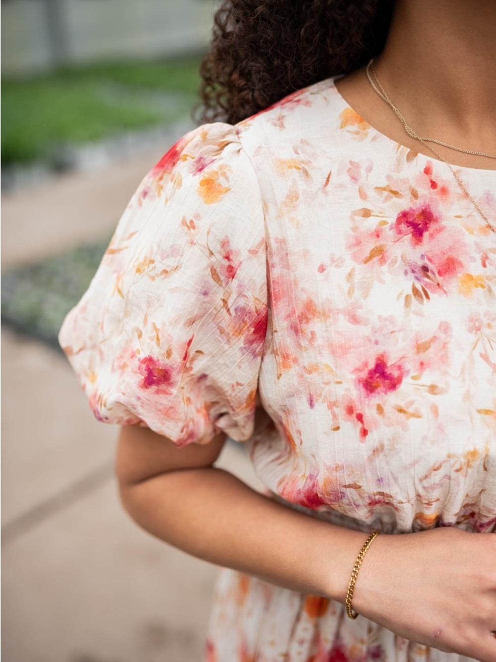 Floral Puff-Sleeve Midi Dress in Cream with Coral and Peach Accents - Modest - Picture 4 of 14